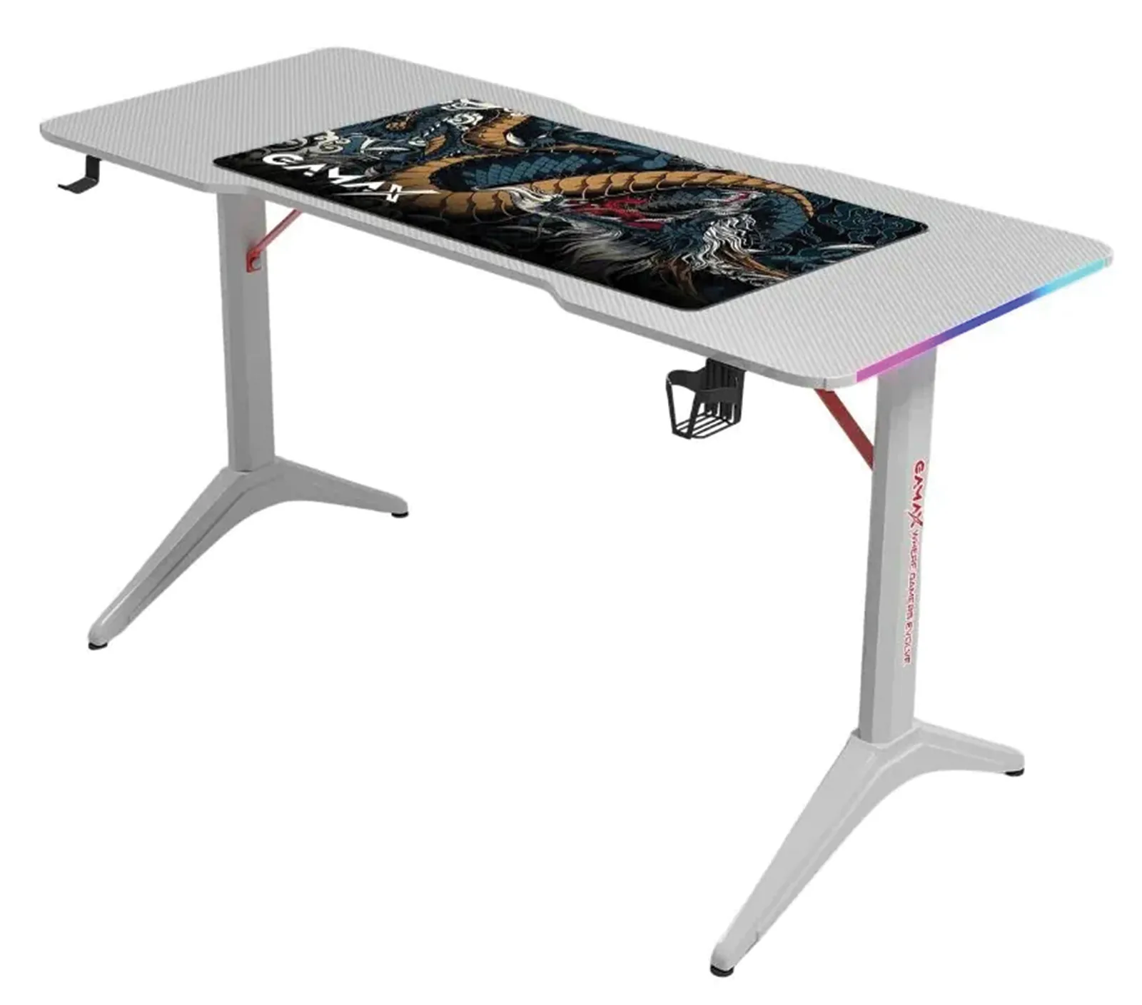 GAMAX D2408W Gaming Desk, RGB Carbon Fiber Surface, 140x60x74cm, Included Mousepad, Straight Design, White | D2408W