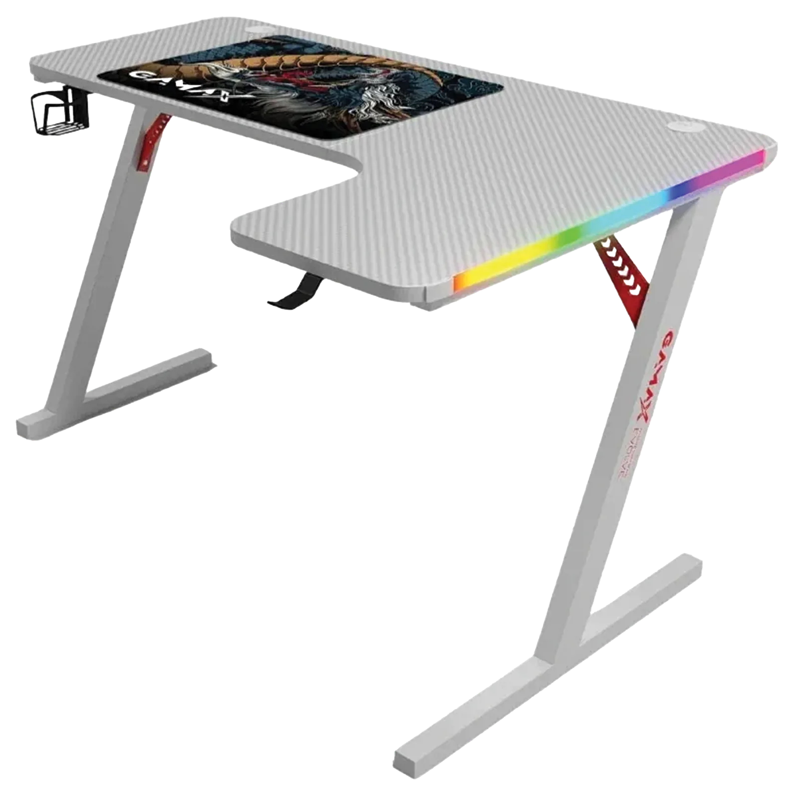 GAMAX P201-RW RGB Carbon Fiber L-Shaped Gaming Desk, 140 × 100 × 74 cm, Right Corner Design with RGB Lighting, Mouse Pad, Headphone Hook & Cup Holder, White | P201-RW