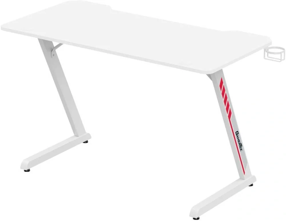 Gamertek Z-Desk White Gaming Desk, 120cm x 60cm, Ergonomic Workspace, Integrated Cup Holder & Headset Hook Z-Shaped Steel Frame, White | GT-GD-Z-WH-001