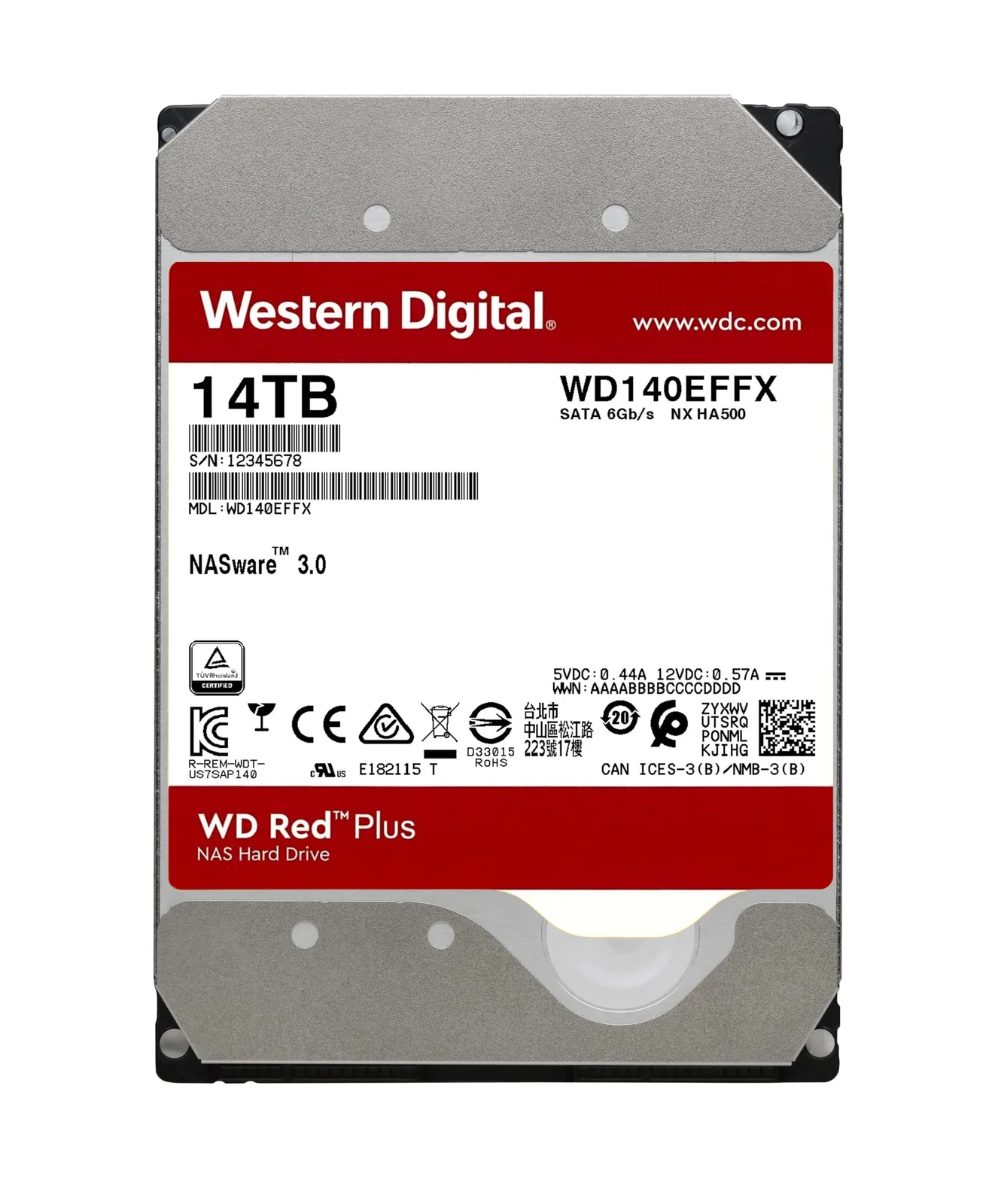 Western Digital Red Plus 14TB NAS 3.5 Hard Drive, 5400 RPM, SATA 6Gb/s, WD140EFFX-68VBXN0 | 2W10504