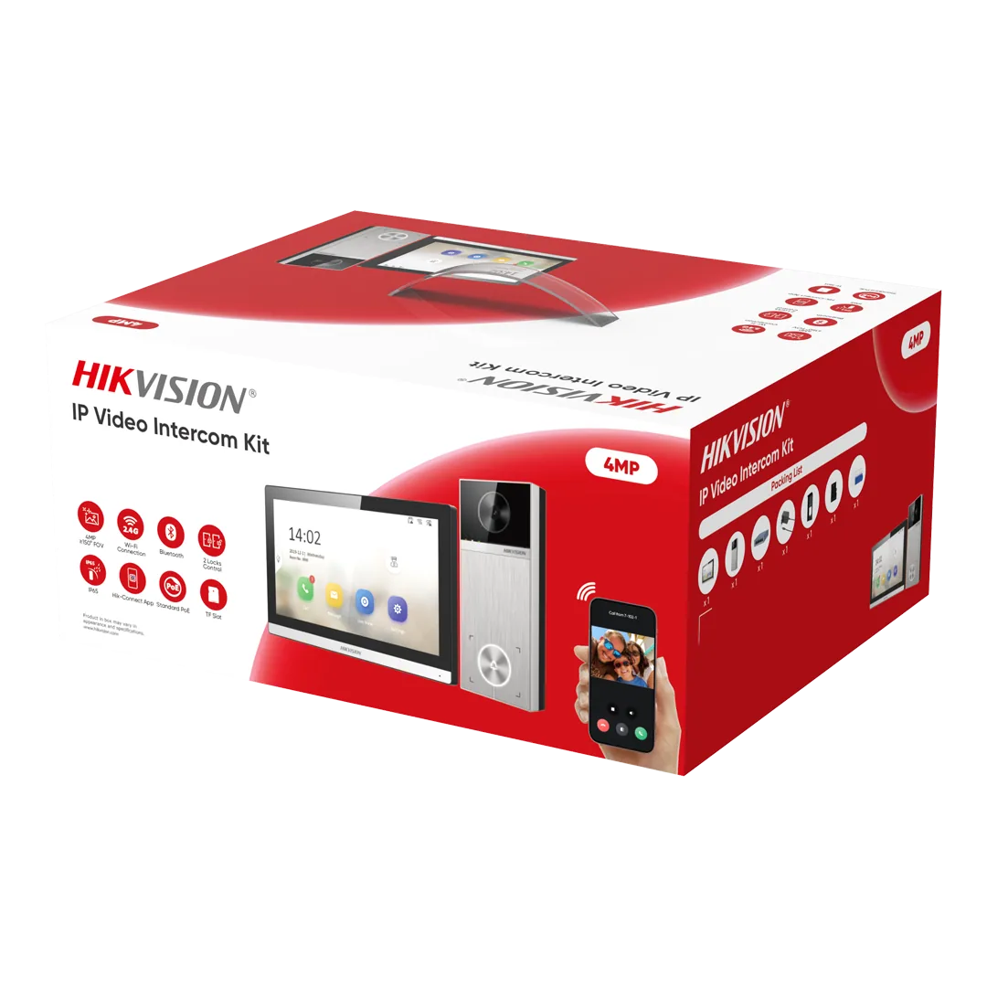 Hikvision DS-KIS611-S IP Video Intercom Kit: 4MP 150° Wide-Angle Door Station (DS-KV6114-MWBE1), 7" Touch Indoor Station (DS-KH6350-WTE1), 4-Port PoE Switch, Rain Shield (DS-KABV6114-RS), 32GB TF Card, PSU, Admin Card & 5x Key Fobs