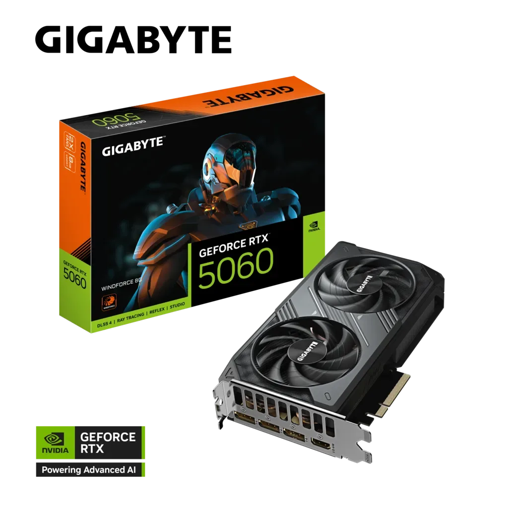 Gigabyte GeForce RTX 5060 WINDFORCE 8GB GDDR7 Graphics Card, 128 bit 28 Gbps, PCIe 5.0, Dual Fan Cooling, Black DLSS4 | GV-N5060WF2-8GD