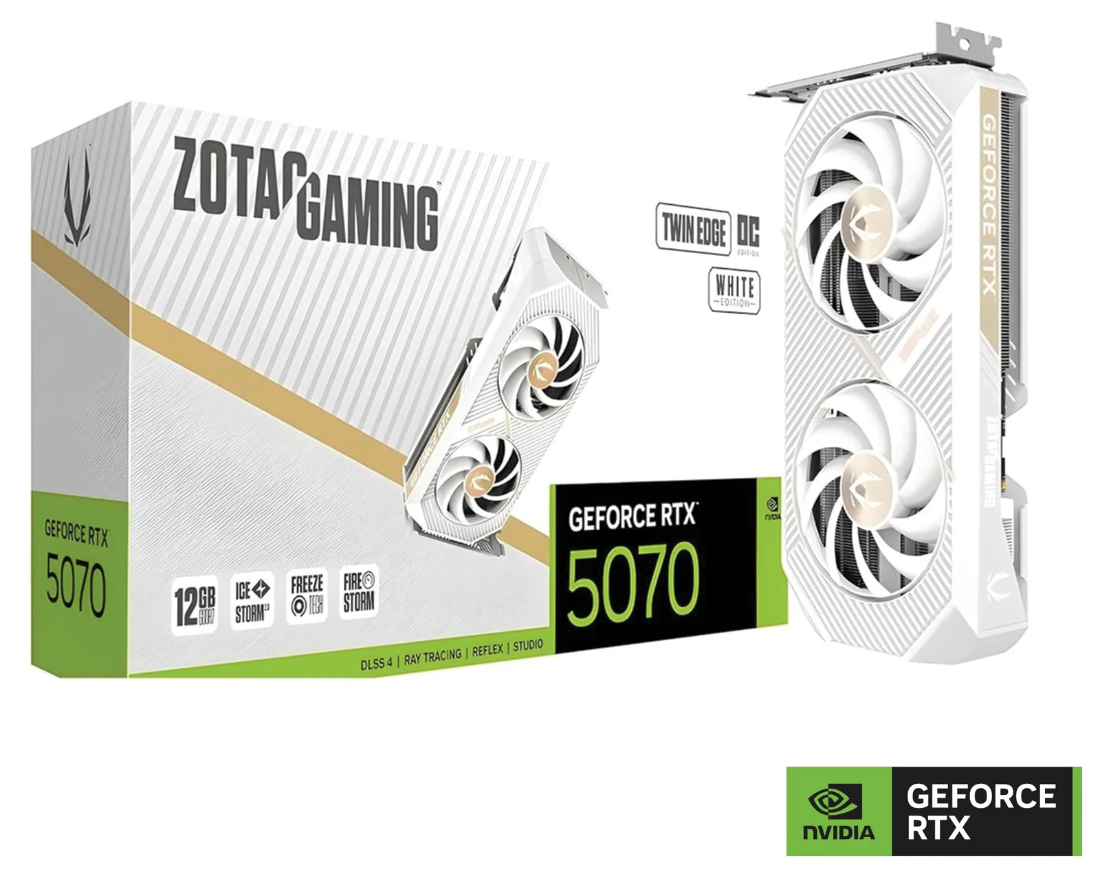 ZOTAC GAMING GeForce RTX 5070 Twin Edge OC White Edition Graphics Card, DLSS4 and 12GB of GDDR7 memory | ZT-B50700Q-10P