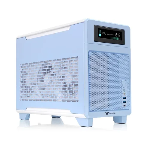 Hydrangea Blue Compact ITX Gaming PC, Ryzen 7 7800X3D, RX 9070 XT 16GB OC White, 32GB DDR5, 1TB NVMe, 3.9" LCD Display, 850W