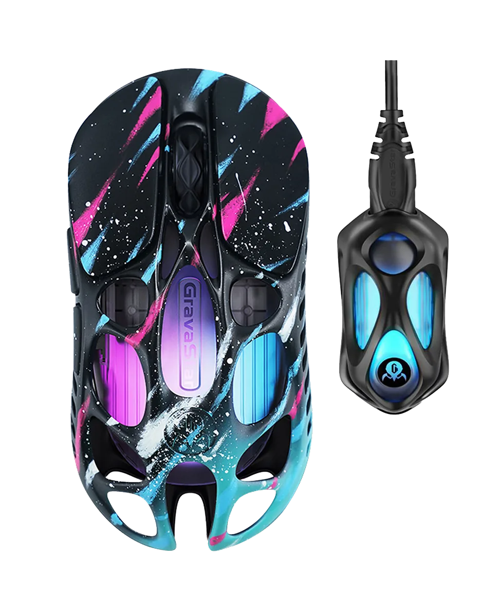 Gravastar Mercury X Pro Special Edition Neon Graffiti Magnesium Alloy Wireless Gaming Mouse, PAW 3950 (32,000 DPI), 1,000 Hz/8,000 Hz, Tri-mode (Wired/Bluetooth 5.1/2.4GHz Wireless) Connectivity