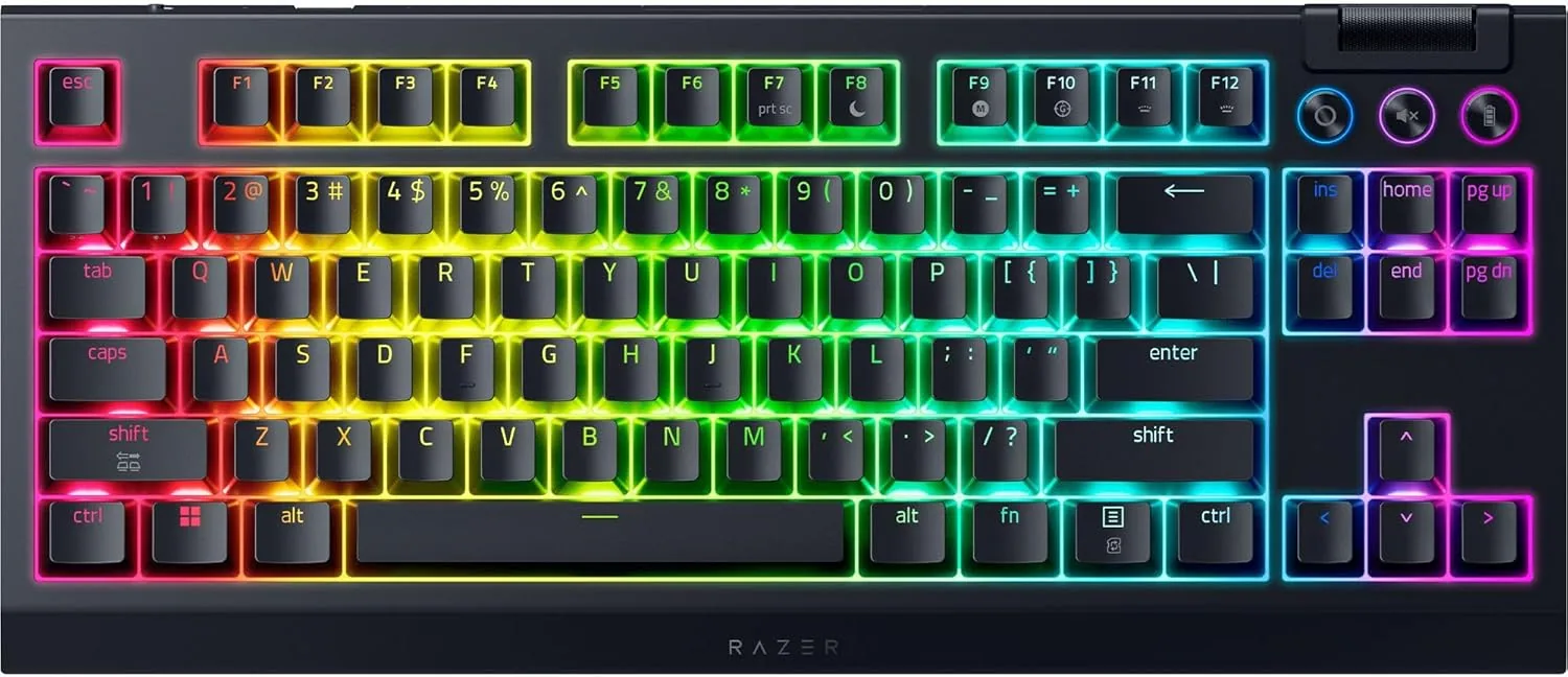 Razer BlackWidow V4 Tenkeyless HyperSpeed Wireless Bluetooth Hot-swappable Gaming Keyboard, Orange Mechanical Switches Gen-3, 2.4 GHz, Bluetooth, USB Type A Wired, Secondary Media Keys | RZ03-05480100-R3M1