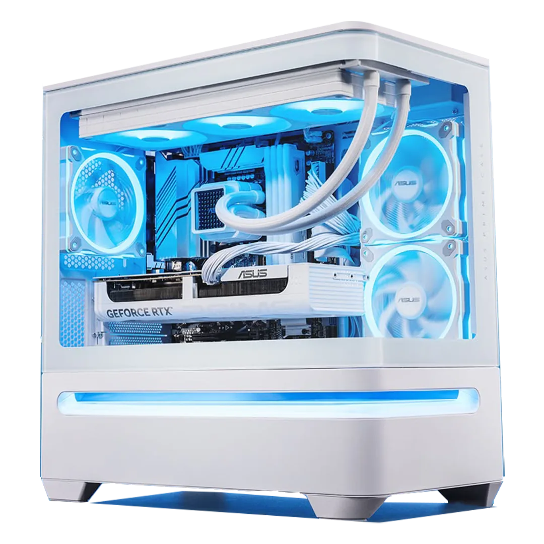 White Gaming PC Powered by ASUS: Intel Core Ultra 7 265KF + SAPPHIRE PURE AMD Radeon RX 9060 XT 16GB, 32GB DDR5 6000MHz RGB, 2TB NVMe SSD, 360mm ASUS Prime LC ARGB AIO, 850W Gold ATX 3.1 PSU, WiFi 6, ASUS Prime AP202 ARGB White