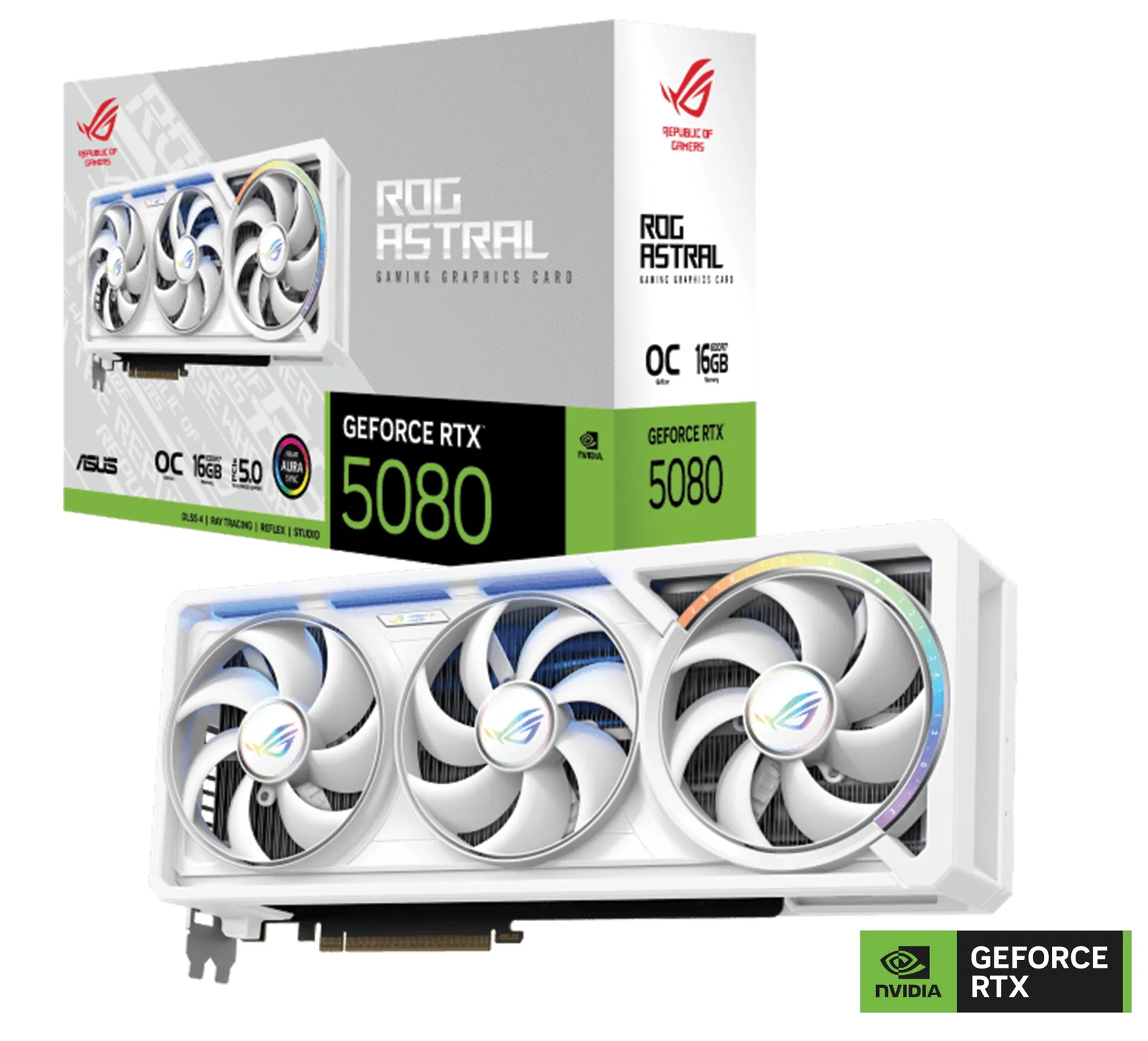 ASUS ROG Astral NVIDIA GeForce RTX 5080 16GB GDDR7 WHITE OC Edition Graphics Card, 256-bit 30 Gbps, 10752 CUDA Core, 1899 AI TOPS, Quad-Fan Force | 90YV0LV4-M0NA00