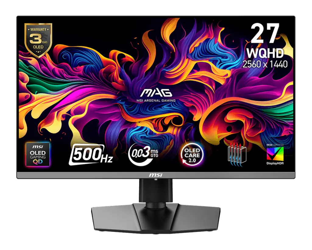 MSI MAG 272QP QD-OLED X50 27 inch Gaming Monitor, 2K 2560 x 1440 (WQHD), 500Hz, 0.03ms (GtG), AMD FreeSync, DisplayHDR True Black 500, 3 years Warranty | 9S6-3CD79A-032
