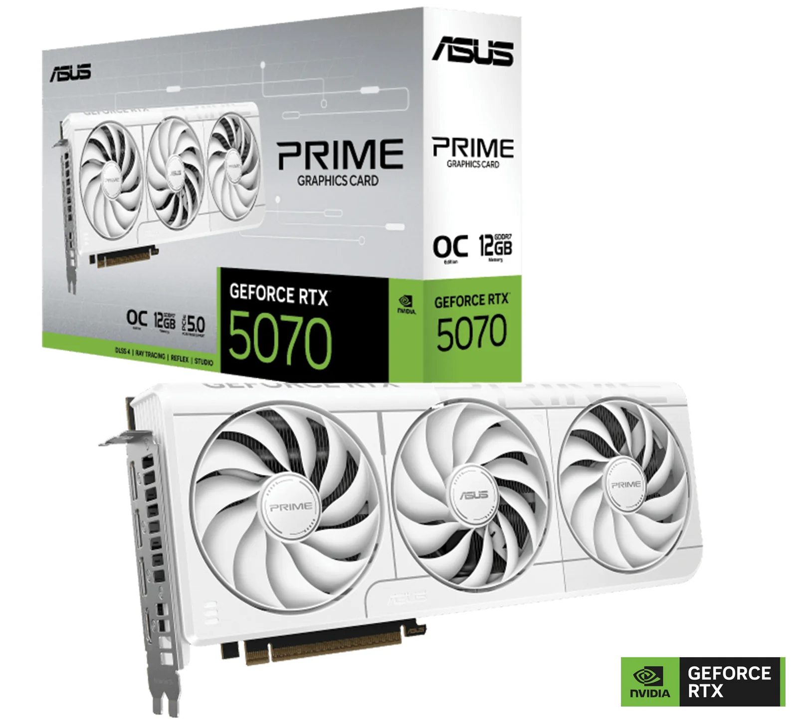 ASUS PRIME GeForce RTX 5070 White OC Edition 12GB GDDR7 Graphics Card, NVIDIA Blackwell Architecture Dual BIOS, Fifth-Gen Tensor Cores, MuseTree, SFF-Ready 2.5 Slot Design, AI Perfomance 1005 AI TOPS | 90YV0M19-M0NA00