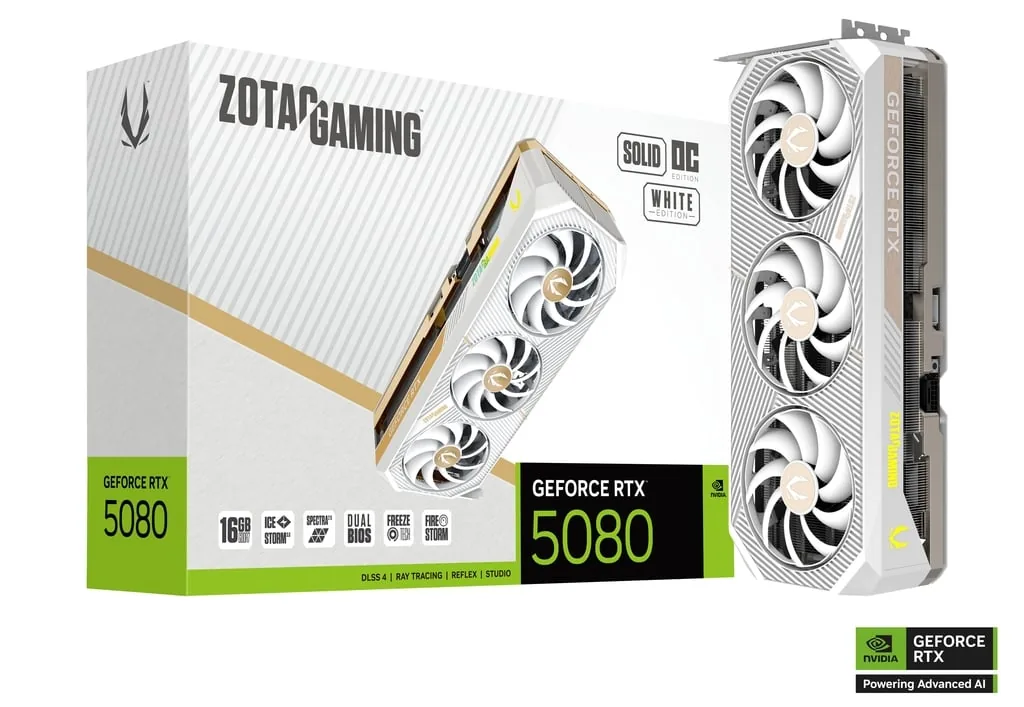 ZOTAC GAMING GeForce RTX 5080 SOLID OC White Edition Graphic card, 16GB GDDR7, 30 Gbps 256-bit, 10752 CUDA cores, PCI Express 5.0 x16, NVIDIA Blackwell architecture and DLSS 4 | ZT-B50800Q-10P