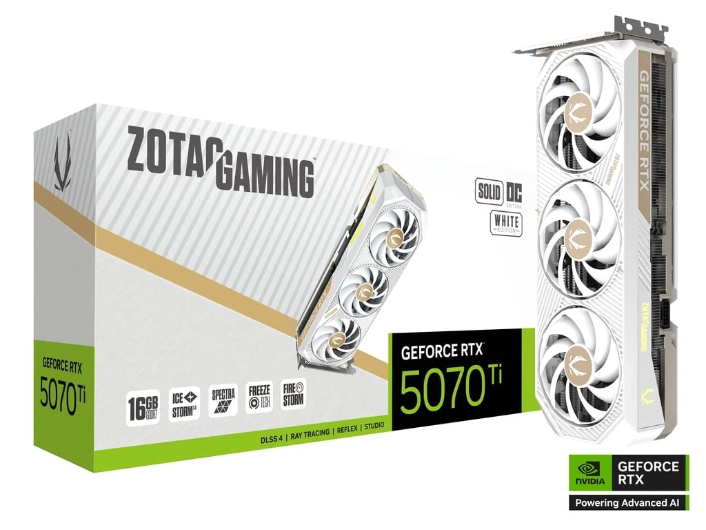 ZOTAC GAMING GeForce RTX 5070 Ti SOLID CORE OC White Edition Graphic card, 16GB GDDR7, 256-bit 28 Gbps, 8960 CUDA cores, 2482 MHz Engine Clock, NVIDIA Blackwell architecture and DLSS 4  | ZT-B50710Q2-10P