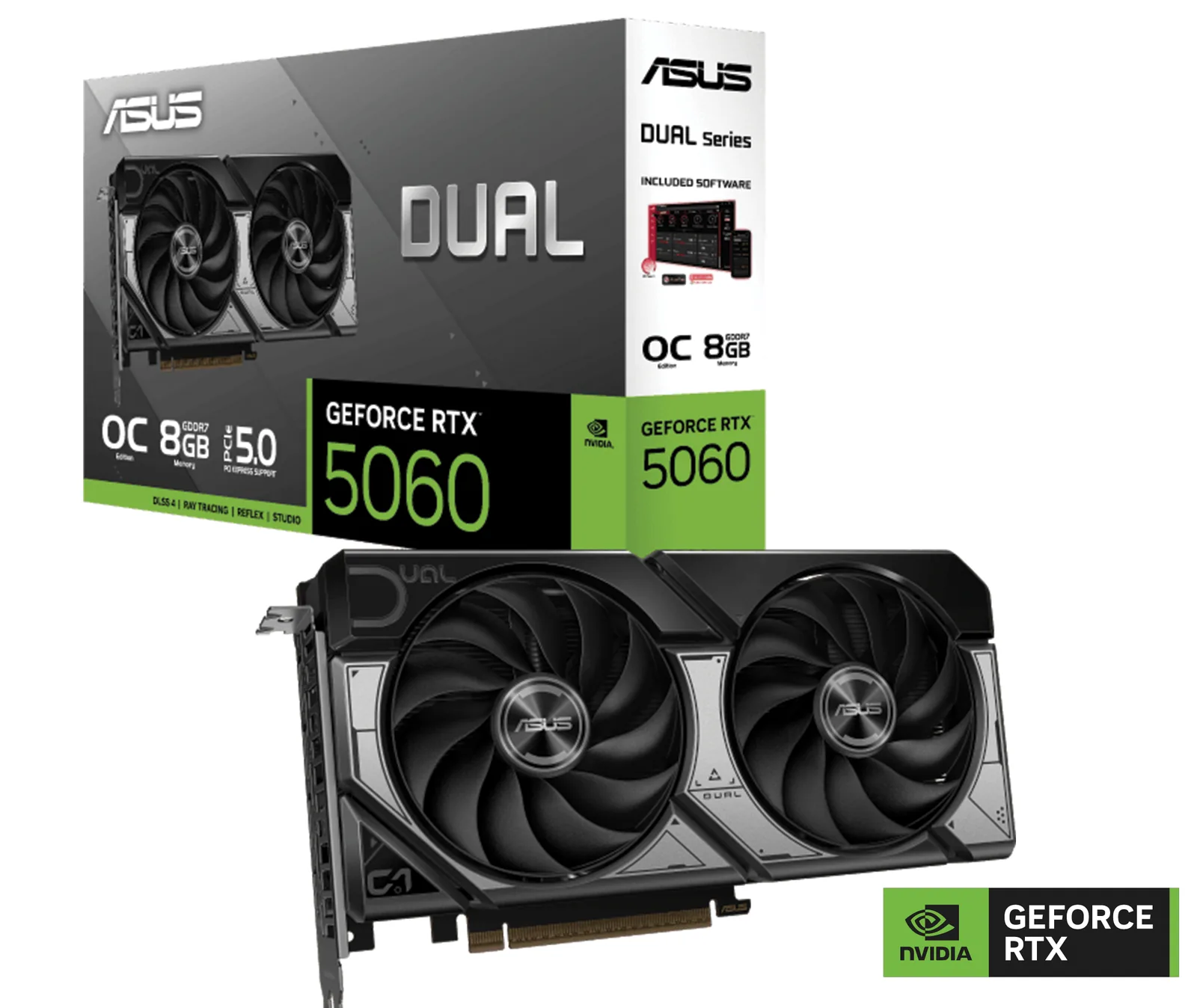 ASUS Dual GeForce RTX 5060 8GB GDDR7 OC Edition Graphic card, 128-bit, 28 Gbps, 3840 CUDA Cores, 2565MHz OC Clock, PCI Express 5.0, NVIDIA Blackwell Architecture | 90YV0N12-M0NA00