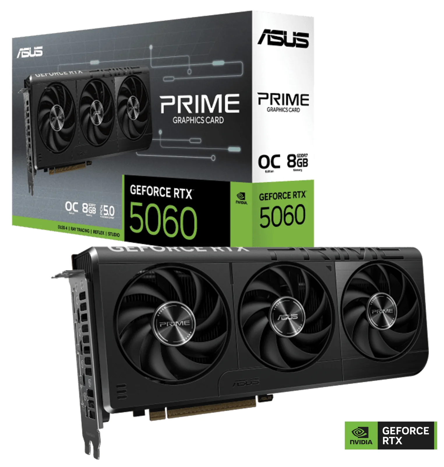 ASUS PRIME GeForce RTX 5060 8GB GDDR7 OC Edition Graphics Card, 28 Gbps 128-bit, 3840 CUDA Core, 2595MHz OC Clock, PCI Express 5.0, NVIDIA Blackwell Architecture | 90YV0N10-M0NA00