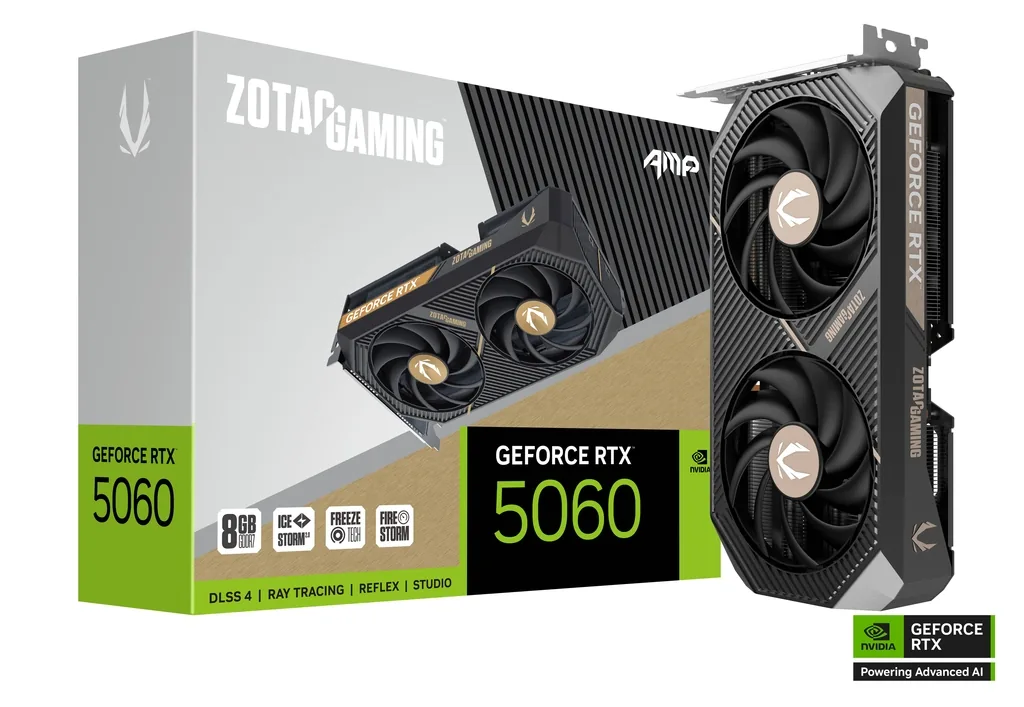 ZOTAC GAMING GeForce RTX 5060 AMP Graphic Card, 8GB GDDR7, 128-bit 28 Gbps, 2550 MHz Engine Clock, 3840 CUDA cores, NVIDIA Blackwell architecture and DLSS 4 | ZT-B50600F-10M