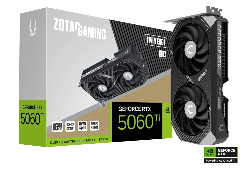 ZOTAC GAMING GeForce RTX 5060 Ti 16GB Twin Edge OC Graphic card, 16GB GDDR7, 128-bit 28 Gbps, 4608 CUDA Cores, 2602 MHz Engine Clock, NVIDIA Blackwell architecture and DLSS 4 | ZT-B50620H-10M