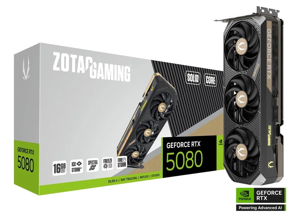 ZOTAC GAMING GeForce RTX 5080 SOLID CORE Graphic card, 16GB GDDR7, 256-bit 30 Gbps, 2617 MHz Engine Clock, NVIDIA Blackwell architecture and DLSS 4  | ZT-B50800D2-10P