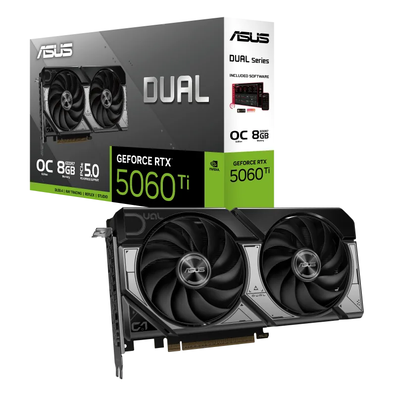 ASUS Dual GeForce RTX 5060 Ti 8GB GDDR7 OC Edition Graphic card, 8GB GDDR7, 28 Gbps 128-bit, 4608 CUDA Cores, 2632MHz OC mode, SFF-Ready 2.5 Slot, DLSS4 | 90YV0MP2-M0NA00
