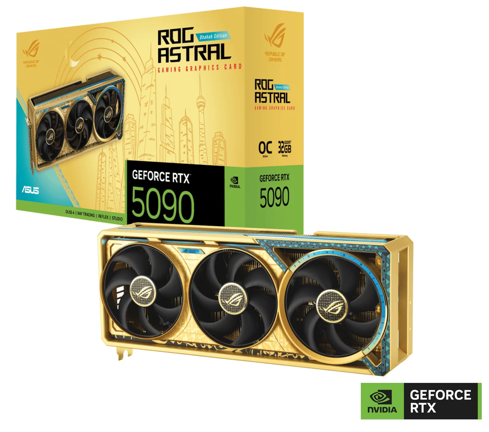ASUS ROG Astral GeForce RTX 5090 Dhahab OC Edition Graphic card, 32GB GDDR7, 28 Gbps 512-bit, 21760 CUDA Core, 2610 MHz OC Clock, PCI E 5.0, DLSS 4, 6.5g of 999 fineness gold | 90YV0LW6-M0NM00