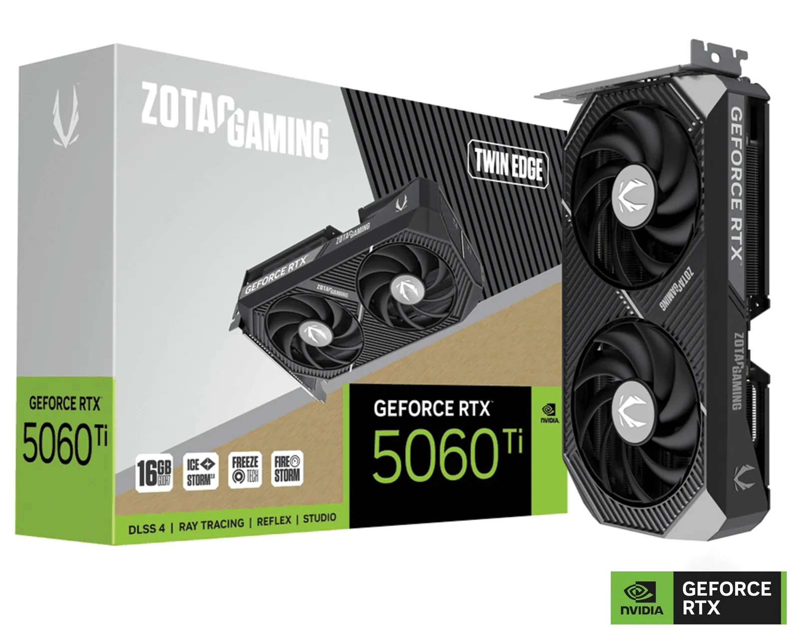 ZOTAC GAMING GeForce RTX 5060 Ti 16GB Twin Edge Graphics card, 16GB GDDR7, 128-bit 28 Gbps, 4608 CUDA cores, 2572 MHz Engine Clock, NVIDIA Blackwell architecture and DLSS 4 | ZT-B50620E-10M