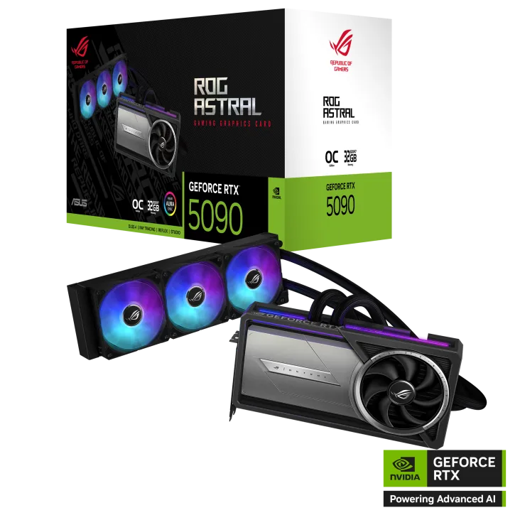 ASUS NVIDIA GeForce RTX 5090 ROG Astral LC OC 32GB GDDR7 PCI-Express Graphics Card, 2610MHz, Memory 16GB 28000MHz GDDR7, Cuda Cores: 10752, VR Ready, PhysX/CUDA Enabled, NVIDIA Blackwell, 4nm Process, Real-Time Ray Tracing, DLSS 4 | 90YV0LW2-M0NA00