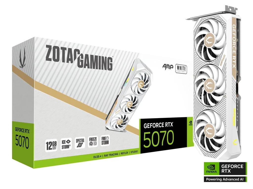 ZOTAC GAMING NVIDIA GeForce RTX 5070 AMP White Edition Graphics Card, 12GB GDDR7, 192-bit 28 Gbps, 6144 CUDA cores, 2587 MHz Engine Clock, SFF-Ready, SPECTRA RGB Lighting, Quad Display Capability, SFF-Ready | ZT-B50700FQ-10P