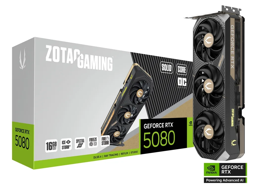 ZOTAC GAMING NVIDIA GeForce RTX 5080 SOLID CORE OC Graphics card, 16GB GDDR7, 30 Gbps, 256-bit, 10752 CUDA cores, 2640 MHz Engine Clock, Blackwell architecture and DLSS 4, Quad Display Capability | ZT-B50800J2-10P