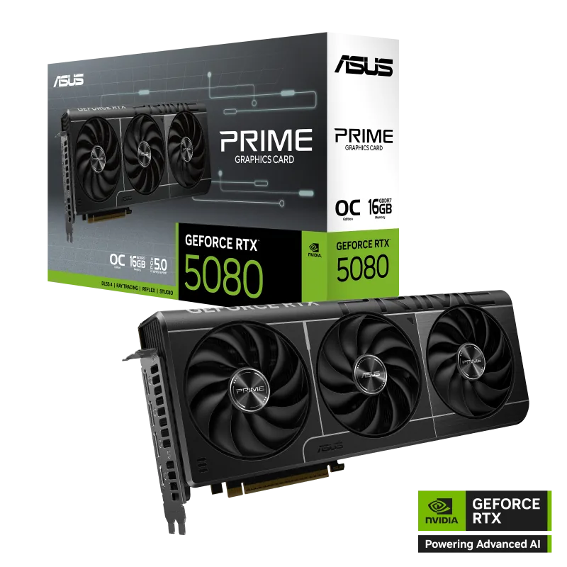 ASUS PRIME GeForce RTX 5080 16GB GDDR7 OC Edition Graphics card, 16GB GDDR7,  256-bit  30 Gbps, Extreme Clock 2685 MHz, 10752 CUDA Core, NVIDIA Blackwell Architecture and DLSS4 | 90YV0LX0-M0NA00