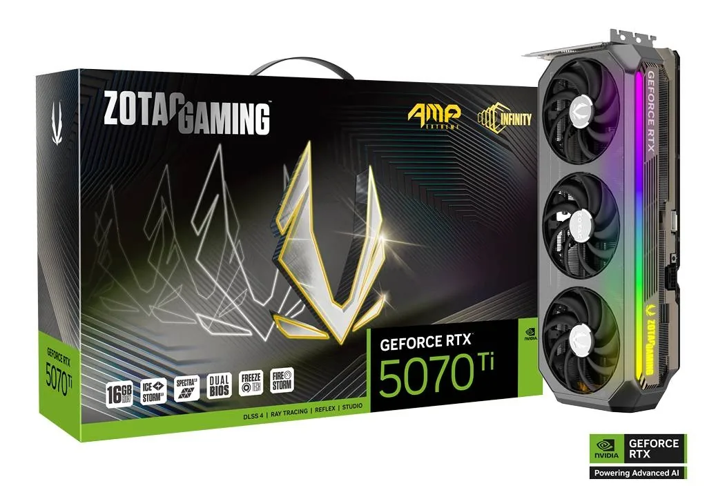 ZOTAC GAMING GeForce RTX 5070 Ti AMP Extreme INFINITY Graphics card, 16GB GDDR7, 256-bit 28 Gbps, 2512 MHz Engine Clock, 8960 CUDA Cores, NVIDIA Blackwell architecture and DLSS 4 | ZT-B50710B-10P