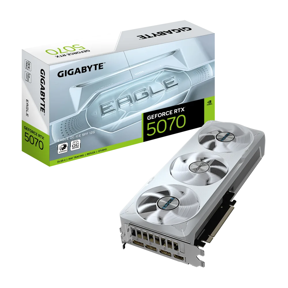 Gigabyte NVIDIA GeForce RTX 5070 EAGLE OC ICE SFF 12G Graphic Card, 12GB GDDR7 192bit, 6144 CUDA Cores, Max Boost 2587 MHz, DLSS 4, White | GV-N5070EAGLEOC ICE-12GD