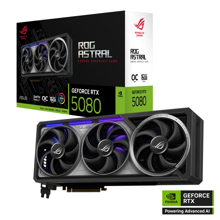 ASUS ROG Astral NVIDIA GeForce RTX 5080 16GB GDDR7 OC Edition Graphic card, DLSS4, 16GB GDDR7, 10752 CUDA Cores, 30 Gbps 256-bit, PCI E 5.0, Quad-fan, Black | 90YV0LV0-M0NA00