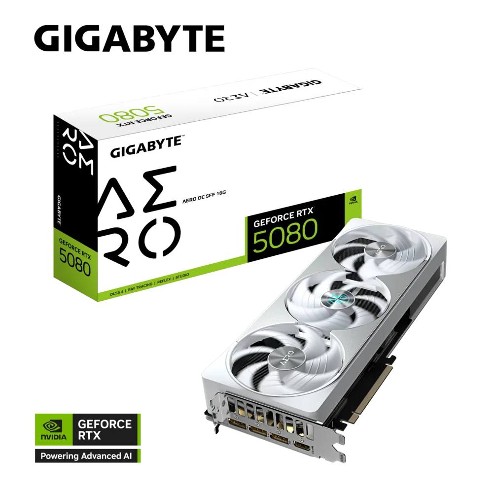 GIgabyte NVIDIA GeForce RTX 5080 AERO OC SFF 16G Graphic card, DLSS4,16GB GDDR7, 256, bit 30 Gbps, 2730 MHz Max Clock, PCI-E 5.0, White | GV-N5080AERO OC-16GD