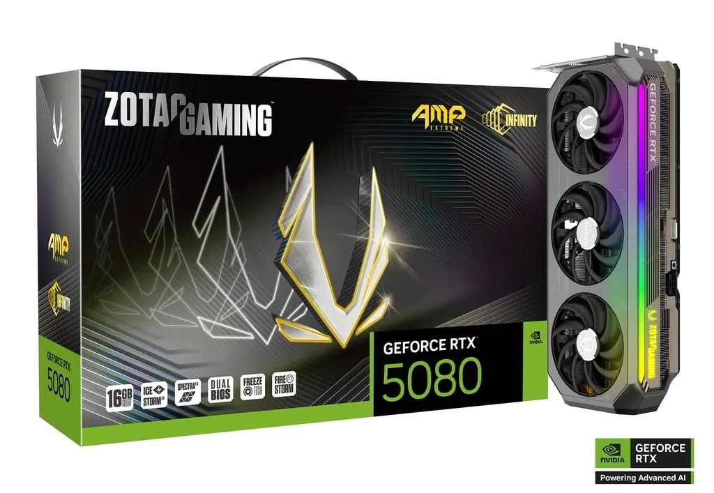 ZOTAC GAMING GeForce RTX 5080 AMP Extreme INFINITY Graphic card, 16GB GDDR7, 30 Gbps 256-bit, 10752 CUDA cores, 2670 MHz  Core Clock, PCI E 5.0 x16, Black | ZT-B50800B-10P