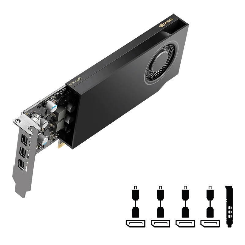PNY NVIDIA RTX A400 Graphic card, 4 GB GDDR6, 64-bit 96 GB/sec, 8.7 Billion Transistors, 768 CUDA Cores, 24 Tensor Cores, 6 RT Cores, 4x mDisplayPort,  Single Slot | VCNRTXA400ATX-PB