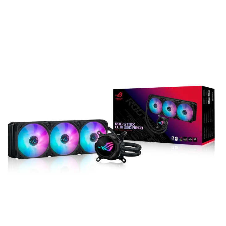 ASUS ROG Strix LC III 360 ARGB 360mm Liquid Cooler, 360 Rotatable, 2200 RPM, 7th V2 gen Asetek pump, Sleeved Rubber tube, ROG STRIX AF-12S ARGB Fan, Black | 90RC00T1-M0UAY0
