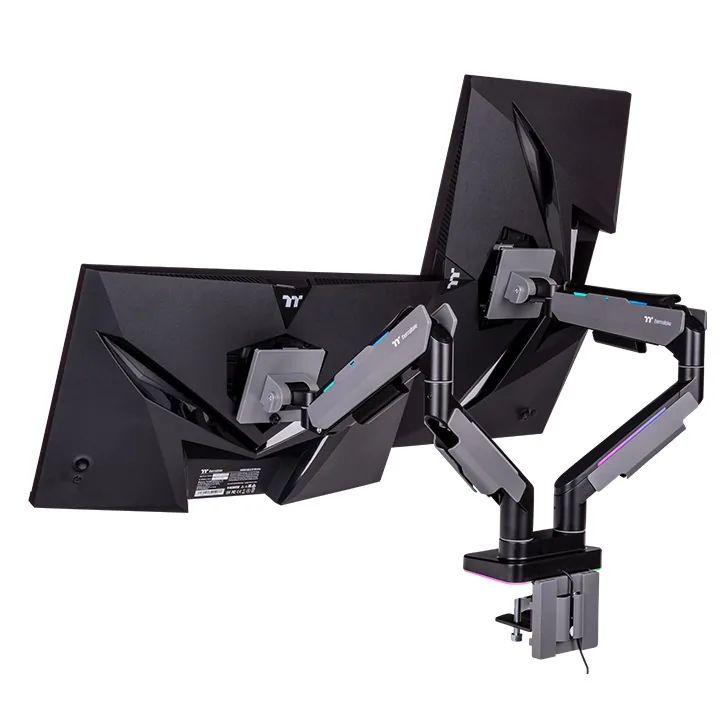 Thermaltake Dual Heavy Duty RGB Monitor Arm for up to 2 x 35 inchs SUPPORT   2 x 20kg Screen, 100 x 100 mm VESA Compatible, Wide Rage Movements, Gray | GEA-MSR-DMSBLK-01