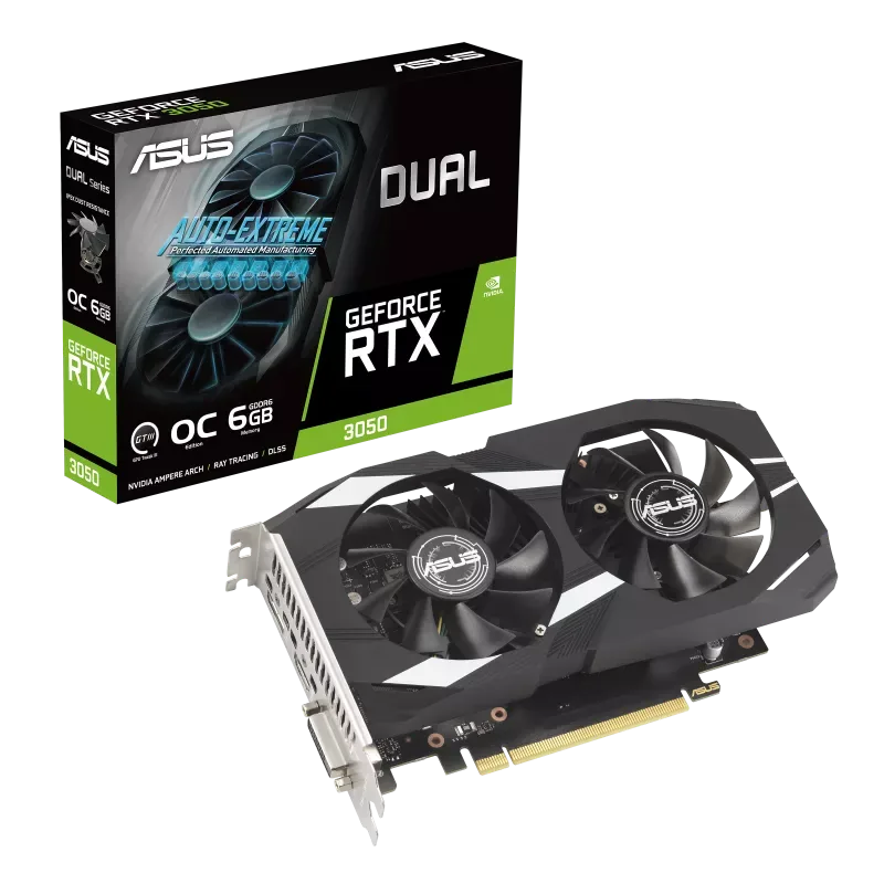 ASUS Dual GeForce NVIDIA  RTX 3050 OC Edition 6GB GDDR6 Graphic Card,  96-bit 14 Gbps, 2304 CUDA Core, 1537 MHz Max Boost, Max Resolution 7680 x 4320, 2nd Generation RT Cores, 2 Year Warranty, Black  | 90YV0K60-M0NA00