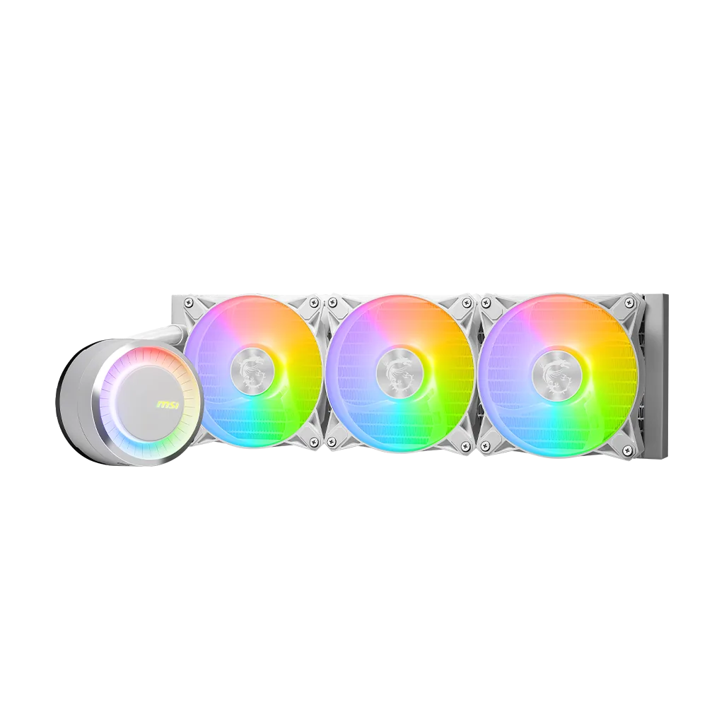 MAG CORELIQUID E360 / WHITE AIO RGB CPU Liquid Cooler, 360mm Radiator, 3 x 120mm ARGB PWN Fans, 3000 RPM10%, Fluid Dynamic Bearing, Supports LGA 1200/1700/1851 & AM5/AM4/TR4/sTRx4 | 306-7ZW6E27-C24