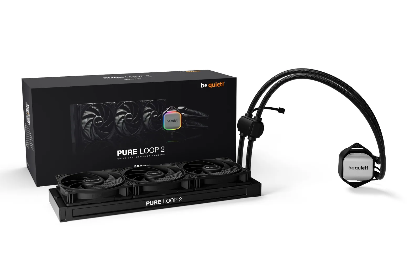 Be Quiet! Pure Loop 2 360mm CPU Liquid Cooler, 3x Pure Wings 3 120mm PWM High-Speed Fans, 2100 RPM Fan Speed, 5500 RPM Pump Speed, 59.6 CFM Airflow, Copper / Nickel Plated Case Material, Black | BW019