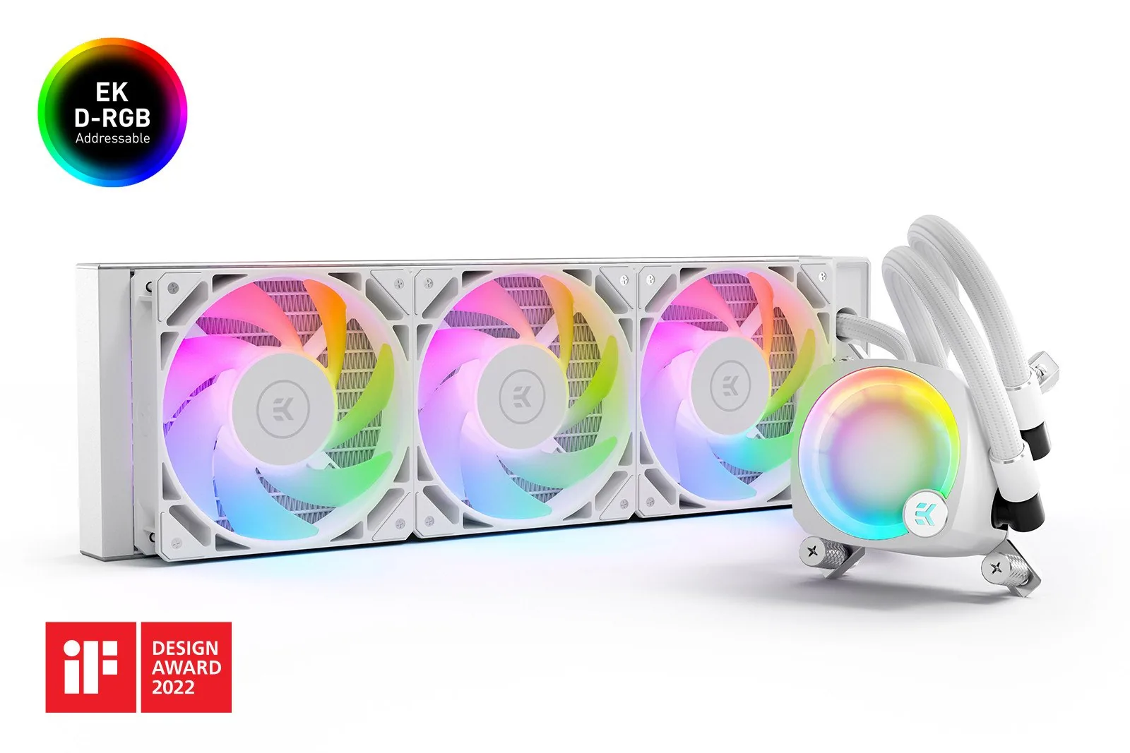 EK-Nucleus AIO CR360 Lux D-RGB Liquid CPU Cooler, 120 mm Fan, Rotatable Pump Top, Universally Compatible, Daisy-chainable Fans, EK-Loop FPT Fans, Diamond-cut Brushed Aluminum Side Panels, Dense Microfin Copper Coldplate, White | CR360