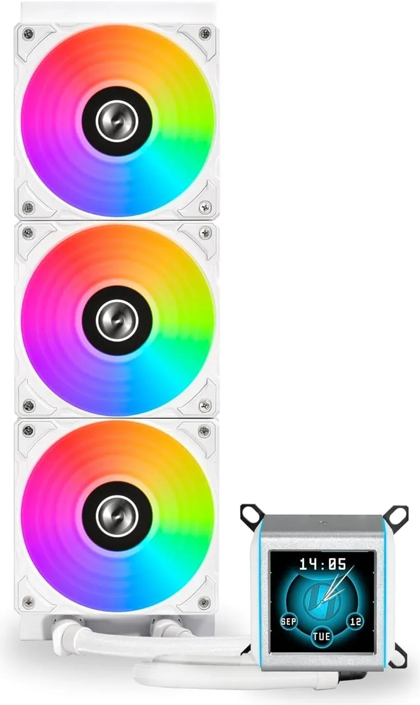 Lian Li Galahad II LCD 360 AIO RGB CPU Liquid Cooler, 2.88" IPS LCD Screen, Asetek 8th Gen 3600 RPM Pump, 120mm FDB Fans, Up to 2450 RPM Fan Speed, 79.9 CFM Airflow, White | G89.GA2ALCD36W.00