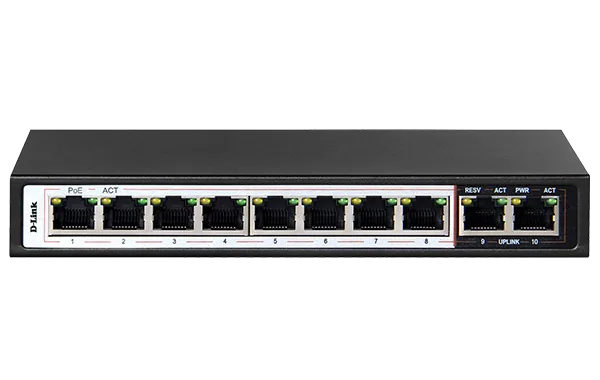 D-Link DES-F1010P-E 8-Port PoE Switch  10/100 SPEED , with 8 Long Reach 250m PoE Ports and 2 Uplink Ports | DES-F1010P-E
