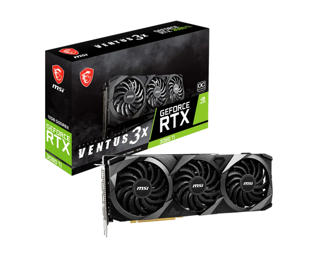 MSI GeForce RTX 3080 Ti Ventus 3X 12G OC - 12GB GDDR6X, 384-bit, PCI Express 4, DisplayPort x 3 (v1.4a), HDMI x 1, Resolution 7680 x 4320, 8-pin x 2 Connector, Gaming Graphics Card | 912-v389-059