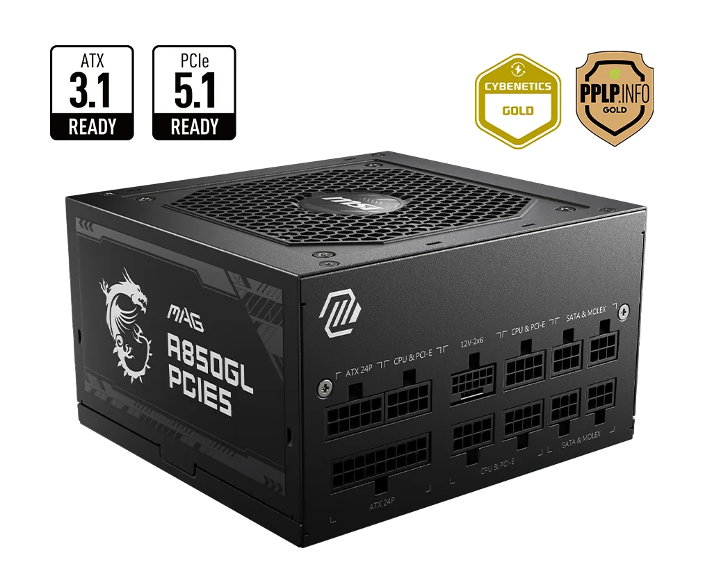 MSI MAG A850GL PCIE5 850W Modular Power Supply, ATX 3.1, 120mm Cooling Fan, 80 Plus Gold Efficiency Rating, 4 x PCIe 6+2-Pin Connectors, 8 x SATA Connectors, Black | 306-7ZP8A18-CE0
