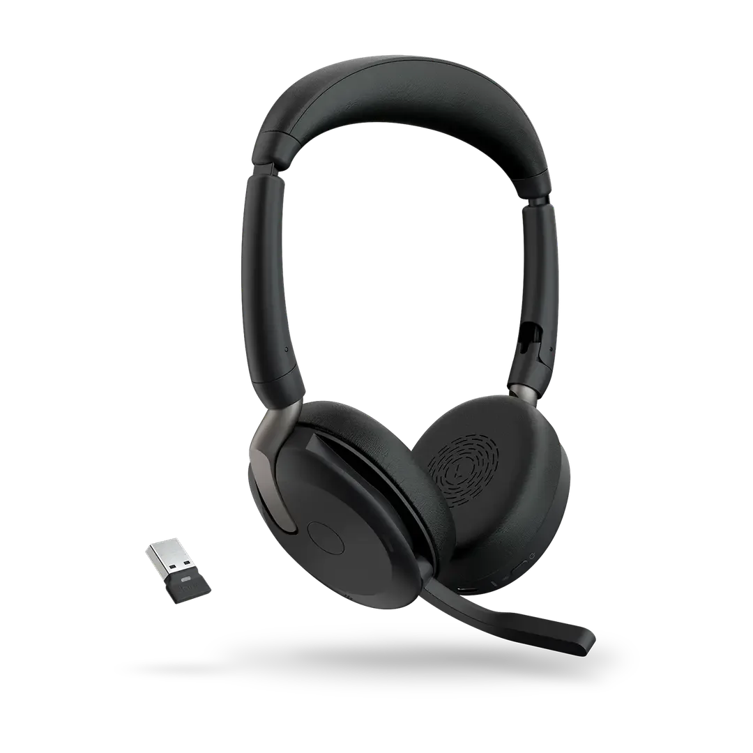 Jabra Evolve2 65 Flex UC Stereo Wireless Headset, USB-A, Bluetooth, Hybrid Active Noise Cancellation (ANC), Foldable Design, 360° Busylight, Dual Microphones, Black | 26699-989-999