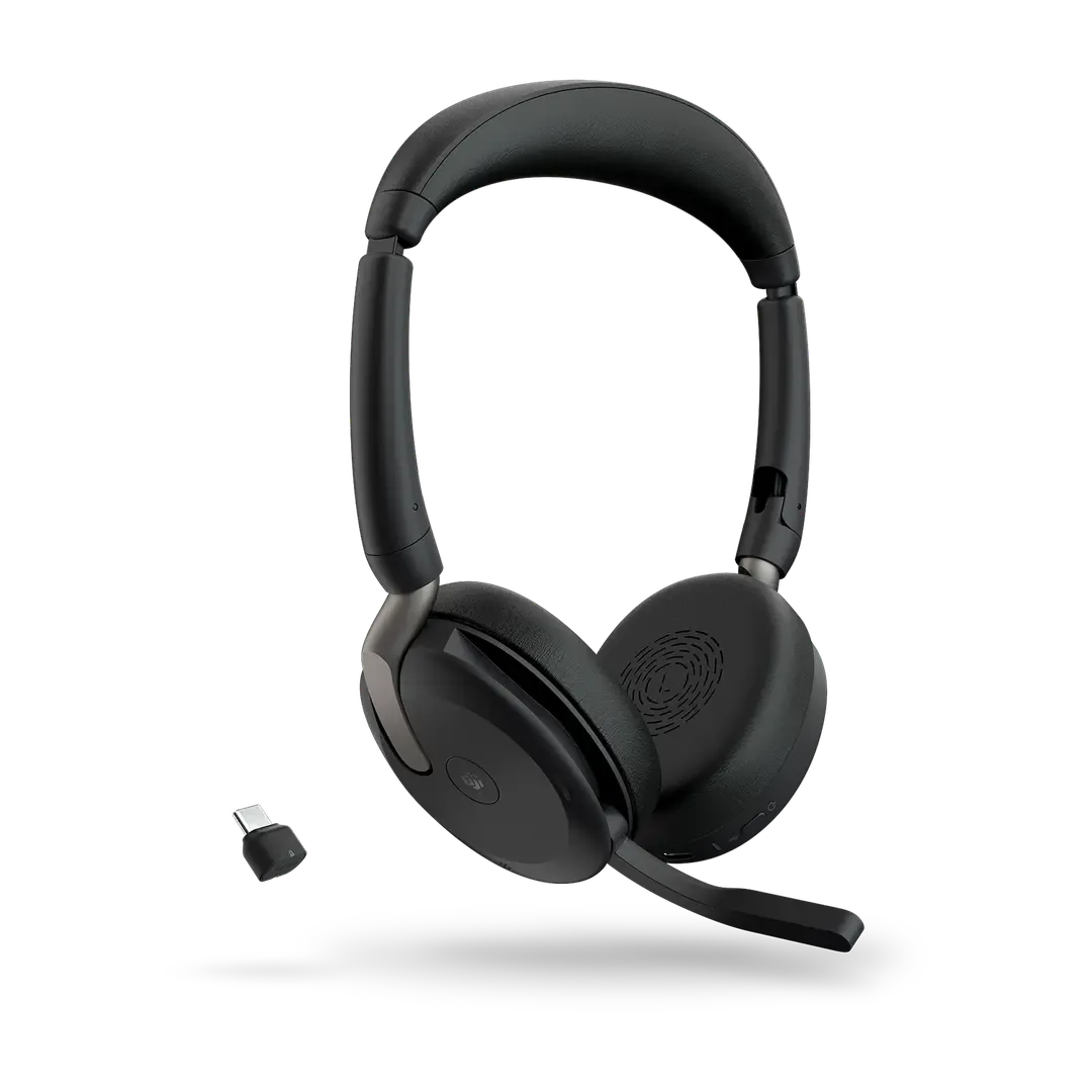 Jabra Evolve2 65 Flex MS Stereo Wireless Headset, USB-C, Bluetooth, Active Noise Cancellation (ANC), Foldable Design, 360° Busylight, Dual Microphones, Black | 26699-999-899