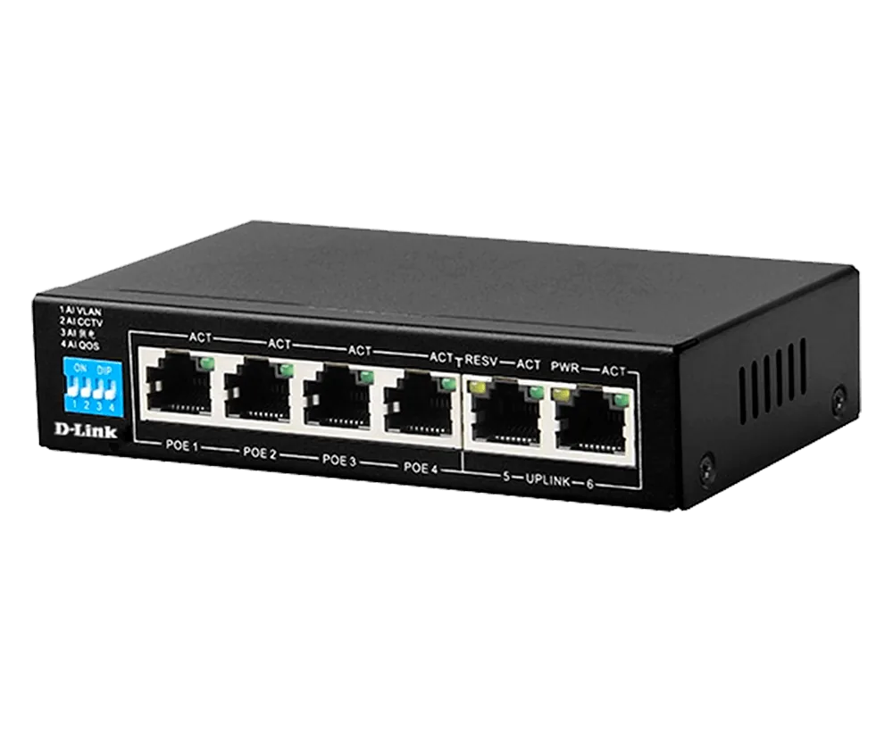 D-Link DES-F1006P-E 6-Port Fast Ethernet PoE+ Switch, 250m Long Range, 4 PoE Ports, 60W Budget, Surveillance Optimized