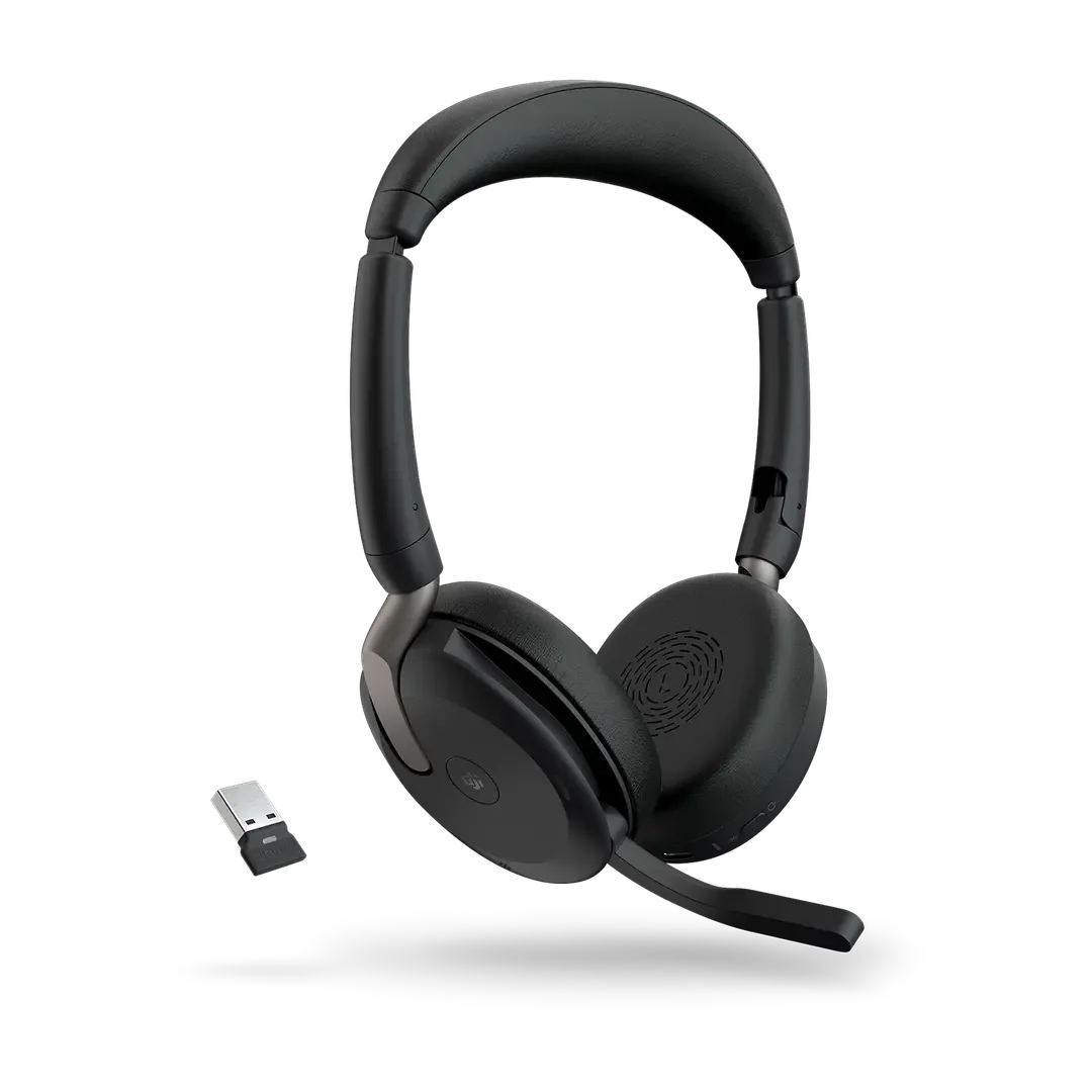 Jabra Evolve2 65 Flex MS Stereo Wireless Headset, USB-A, Bluetooth, Active Noise Cancellation (ANC), Foldable Design, 360° Busylight, Dual Microphones, Black | 26699-999-999