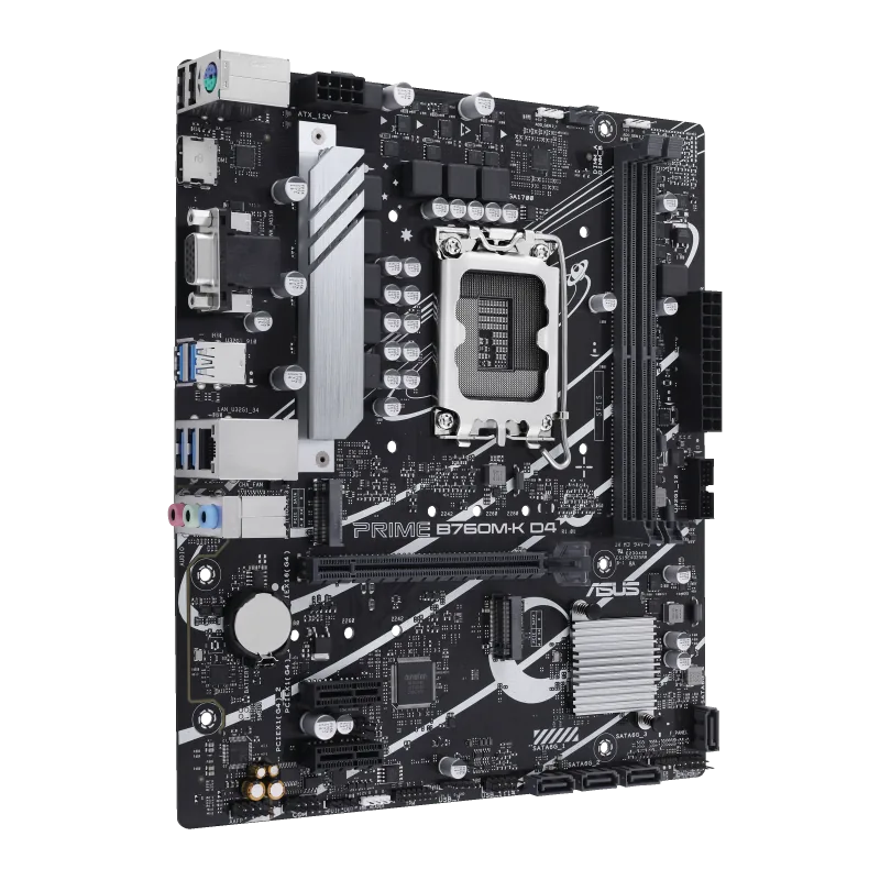 ASUS Prime B760M-K D4, an Intel B760 LGA 1700 mATX motherboard with PCIe 4.0, two PCIe 4.0 M.2 slots, DDR4, Realtek 2.5Gb Ethernet, VGA, HDMI, SATA 6 Gbps, front USB 3.2 Gen 1, Aura Sync| 90MB1DS0-M0EAY0