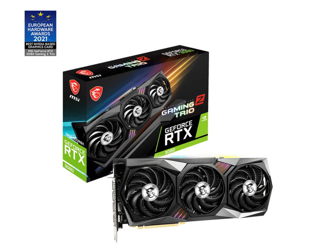 MSI VGA GeForce RTX 3080 Gaming Z TRIO 10G LHR Graphics Card, 10GB GDDR6X, 320-bit, PCI Express 4, 1830 MHz, 19 Gbps, DisplayPort x 3, HDMI x 1 | 912-V389-203